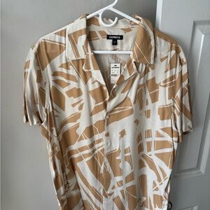 Express Men's Casual Tan and White Abstract Shirt